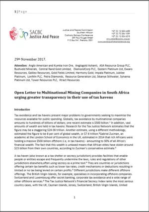 Open Letter from Catholic Bishops to mining companies in South Africa urging greater transparency in their use of tax havens